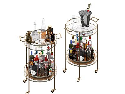 Gold Framed Round Bar Carts Featuring Various Wine Bottles Glasses And Champagne In Ice Bucket 3d model