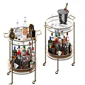 Gold Framed Round Bar Carts Featuring Various Wine Bottles Glasses And Champagne In Ice Bucket