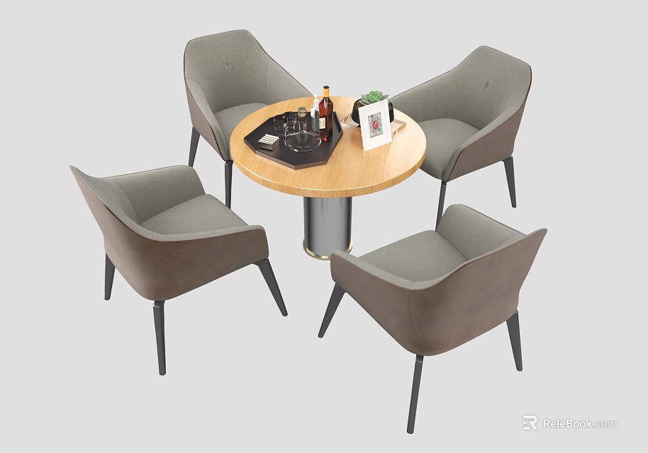 Round Wooden Table with Four Gray and Brown Chairs Cups Plant Photo Frame 3d model 