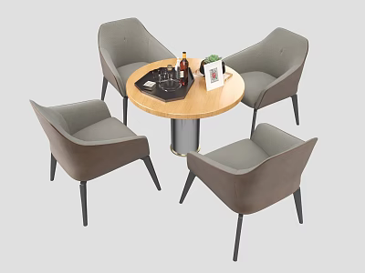 Round Wooden Table with Four Gray and Brown Chairs Cups Plant Photo Frame 3d model