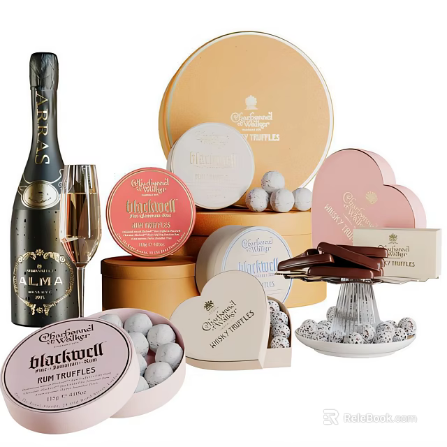 Luxury Ornamental Decor Collection With Champagne Flute Heart Boxes Chocolate And Candy Balls 3d model 