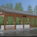 Traditional Wooden Pergola with Tile Roof and Benches Underneath Surrounded by Trees and Evening Lighting