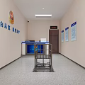 Monitoring Room Interior With Informational Posters Badge Desk Bulletin Boards and Metal Cart