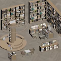 Modern Open Bookcase with Circular Rotating Shelves and Wooden Study Tables Chairs