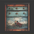 Vintage Painted Drawer Cabinet With Turquoise Orange Finish Golden Handles And Hand Painted Floral Design