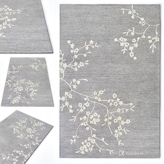 Modern Square Rug With White Floral Branch Patterns On Gray Background 3d model
