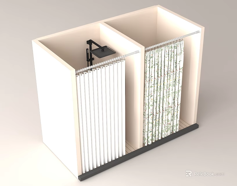 Bathroom Accessories Including Shower Cubicles With White Striped And Patterned Curtains 3d model 