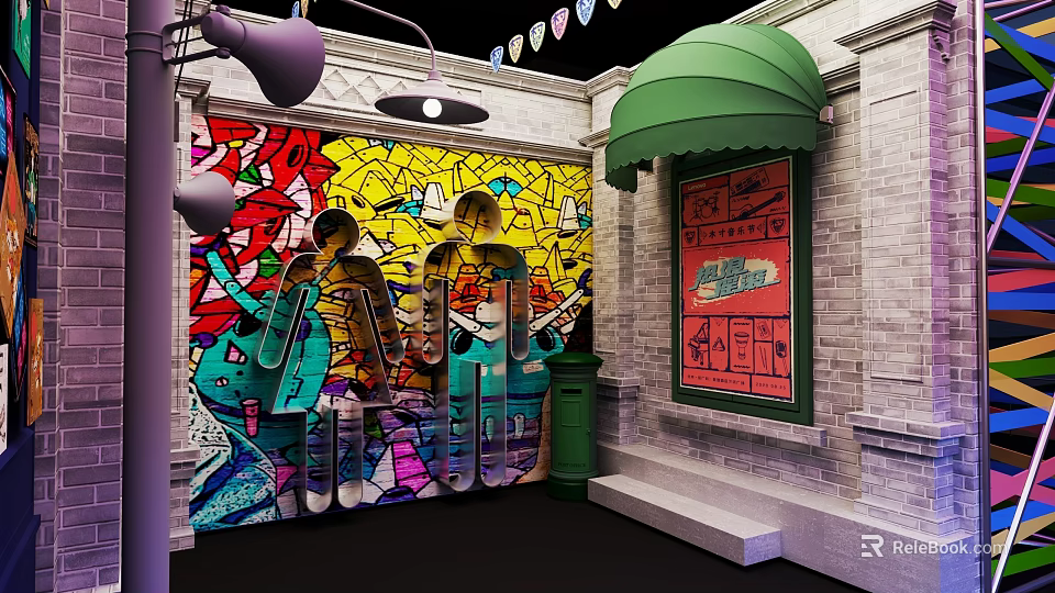 Vibrant Urban Alleyway With Colorful Graffiti Wall Green Awning And Retro Signboard 3d model 