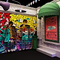 Vibrant Urban Alleyway With Colorful Graffiti Wall Green Awning And Retro Signboard