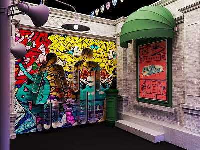 Vibrant Urban Alleyway With Colorful Graffiti Wall Green Awning And Retro Signboard 3d model