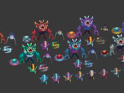 Vibrant Diverse Game Movie Characters Featuring Unique Designs Various Colors And Glowing Details 3d model