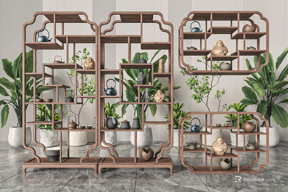 Traditional Chinese Antique Wooden Shelves Displaying Tea Sets Decorative Items And Green Plants 3d model 