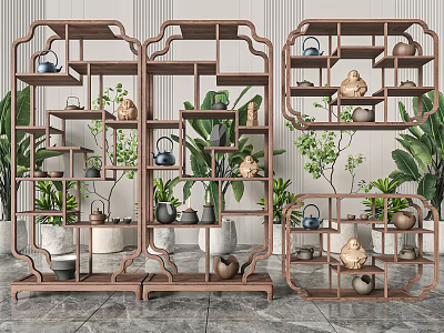 Traditional Chinese Antique Wooden Shelves Displaying Tea Sets Decorative Items And Green Plants 3d model
