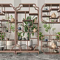Traditional Chinese Antique Wooden Shelves Displaying Tea Sets Decorative Items And Green Plants