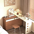 Wooden Dressing Table With Drawers Mirror Table Lamp Cosmetics Perfumes And Pink Flowers Near Curtains