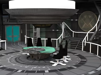 Cartoon Style Command Center Scene With Round Green Table Black Chairs And Stairs 3d model