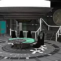 Cartoon Style Command Center Scene With Round Green Table Black Chairs And Stairs