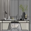 Modern Desk With Black Table Lamp Green Plant Vase Decorative Books And White Chair