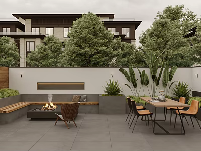 Outdoor Garden Landscape With Fire Pit Bench Seating Dining Table Chairs And Green Plants 3d model