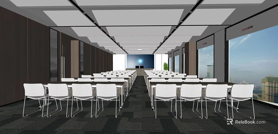 Modern Spacious Conference Room Interior With White Chairs Long Tables And Projection Screen 3d model 