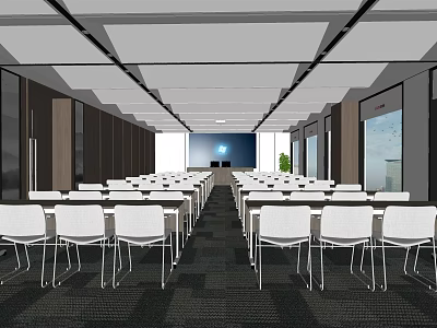 Modern Spacious Conference Room Interior With White Chairs Long Tables And Projection Screen 3d model