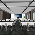 Modern Spacious Conference Room Interior With White Chairs Long Tables And Projection Screen
