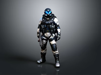 Futuristic Character In Biomechanical Armor Standing With Glowing Blue Visor And Weapon 3d model