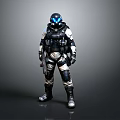 Futuristic Character In Biomechanical Armor Standing With Glowing Blue Visor And Weapon