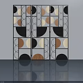 Modern Hinged Door With Geometric Circular Patterns Wooden Panels And Black Frame 3d model