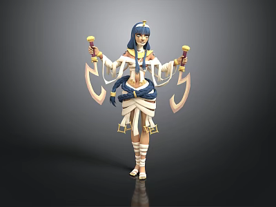 Egyptian Style Female Character With Blue Long Hair White Clothing Golden Weapons And Wing Decorations 3d model
