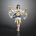 Egyptian Style Female Character With Blue Long Hair White Clothing Golden Weapons And Wing Decorations