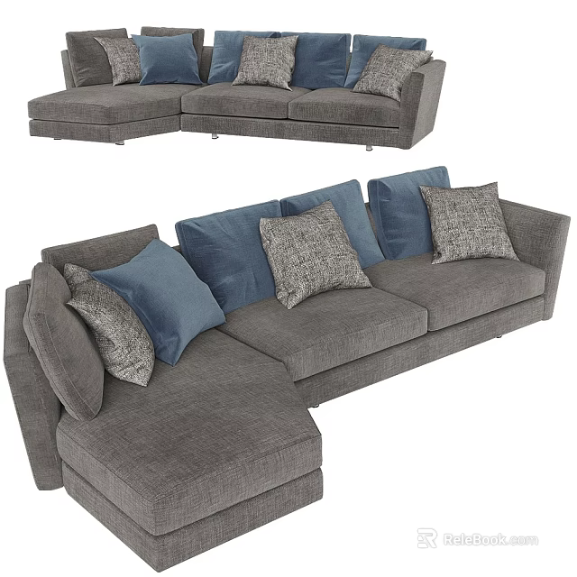 Modern L Shaped Gray Sectional Sofa With Blue and Gray Pillows 3d model