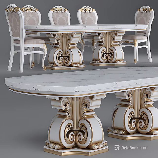 Luxury White Marble Dining Table Set With Gold Carved Legs And Matching Chairs 3d model 