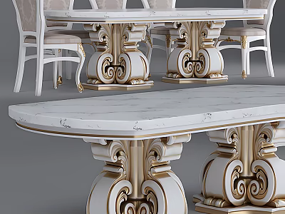 Luxury White Marble Dining Table Set With Gold Carved Legs And Matching Chairs 3d model