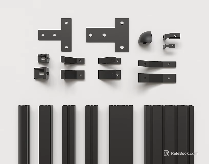Black Furniture Hardware Parts With Various Brackets Slides And Strip Components 3d model 