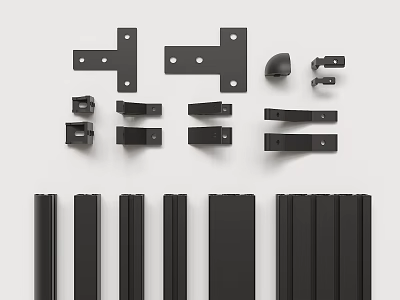 Black Furniture Hardware Parts With Various Brackets Slides And Strip Components 3d model