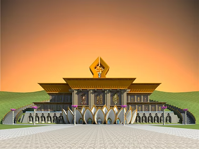 Ancient Traditional Architecture With Golden Roof Symmetrical Design And Green Surroundings 3d model