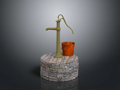 Green Hand Water Pump With Orange Bucket On Stone Base 3d model