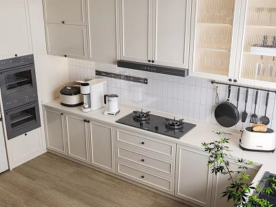 Modern Kitchen Interior Design With Light Gray Cabinets Countertop And Small Appliances 3d model