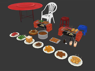 Assorted Grilled Skewers With Barbecue Grill Fresh Vegetables And Fried Snacks On Red Table 3d model