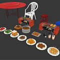Assorted Grilled Skewers With Barbecue Grill Fresh Vegetables And Fried Snacks On Red Table