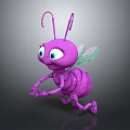 Purple Ant Cartoon Character with Big Eyes Green Wings and Playful Pose