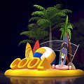 Vibrant Beach Setup Featuring Palm Trees Surfboards Beach Ball Cool Letters And Flamingo