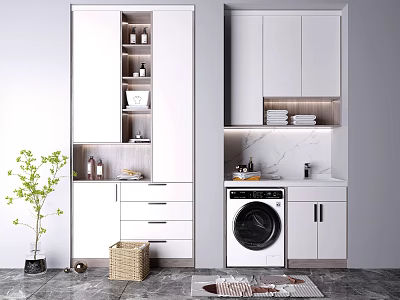 Modern White Bathroom Cabinet Rack with Storage Drawers and Washing Machine 3d model