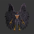 Mythical Winged Beast With Large Dark Feathers Humanoid Body Yellow Claws And Red Face