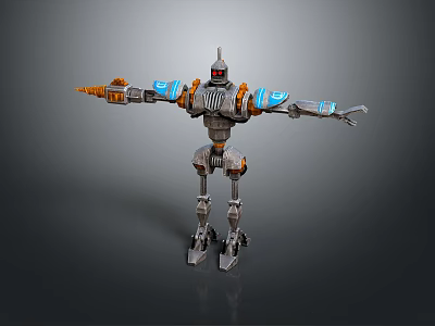 Game Movie Character Robot With Metallic Body Mechanical Arms Blue Orange Accents Standing Pose 3d model
