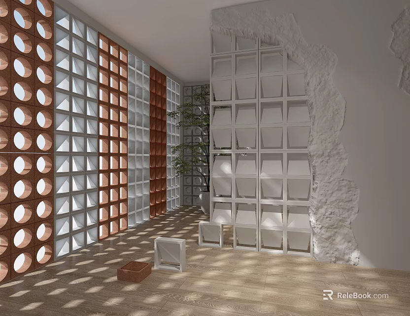Modern Lattice Partition Design In Interior Space With White Brown Panels And Green Plant 3d model 