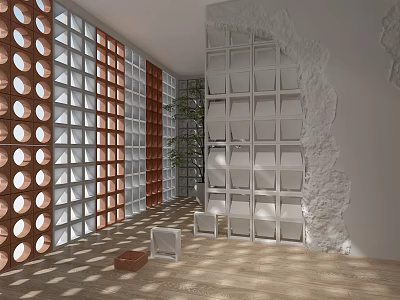 Modern Lattice Partition Design In Interior Space With White Brown Panels And Green Plant 3d model
