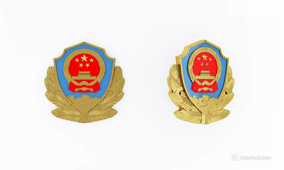 Two Shield Shaped Badges With Blue Red And Gold Leaf Decorations 3d model 