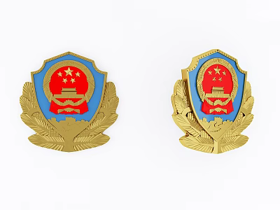 Two Shield Shaped Badges With Blue Red And Gold Leaf Decorations 3d model